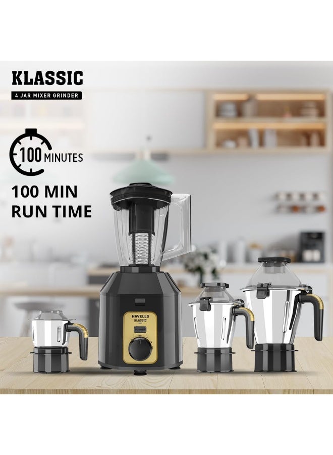 Havells Klassic 1000 Watts 4 Jar Mixer Grinder| High Speed Mixie 22000 RPM motor| 100 Minutes Continuous Run Time|2 Ltr Break Resistant Blending Jar| 5 Year Motor Manufacturer Warranty (Grey), Plastic - Image 2